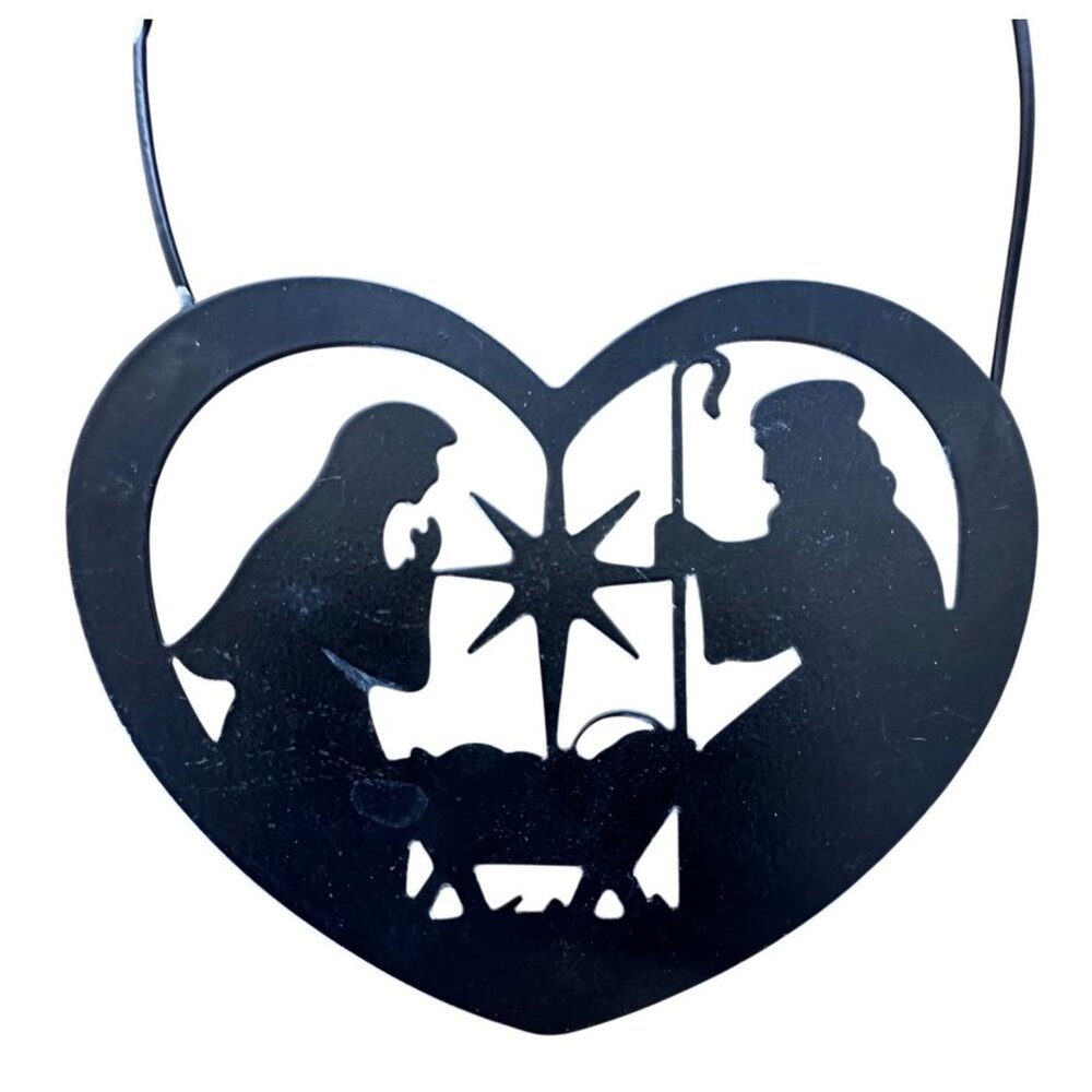 Christmas Nativity Scene Ornament Heart Silhouette Baby Jesus Holy  Black Metal